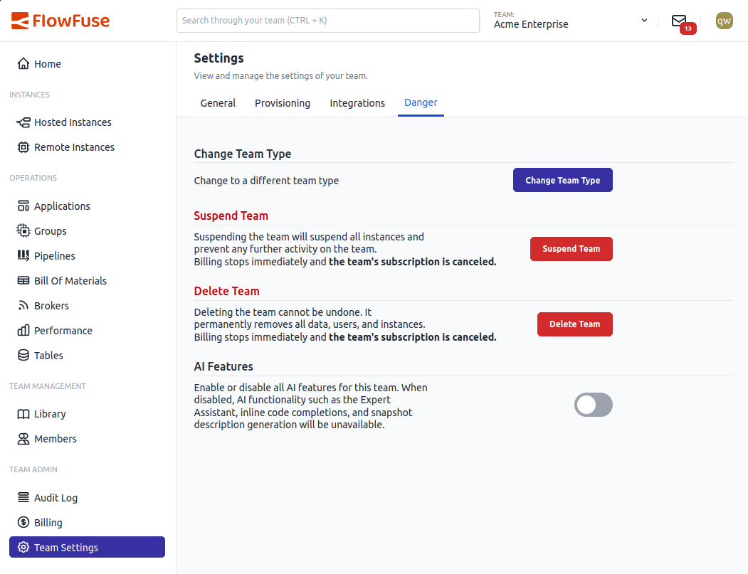 AI Features toggle in team settings