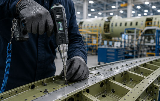 Technician using an electronic torque tool to assemble an aircraft structure on the production line
