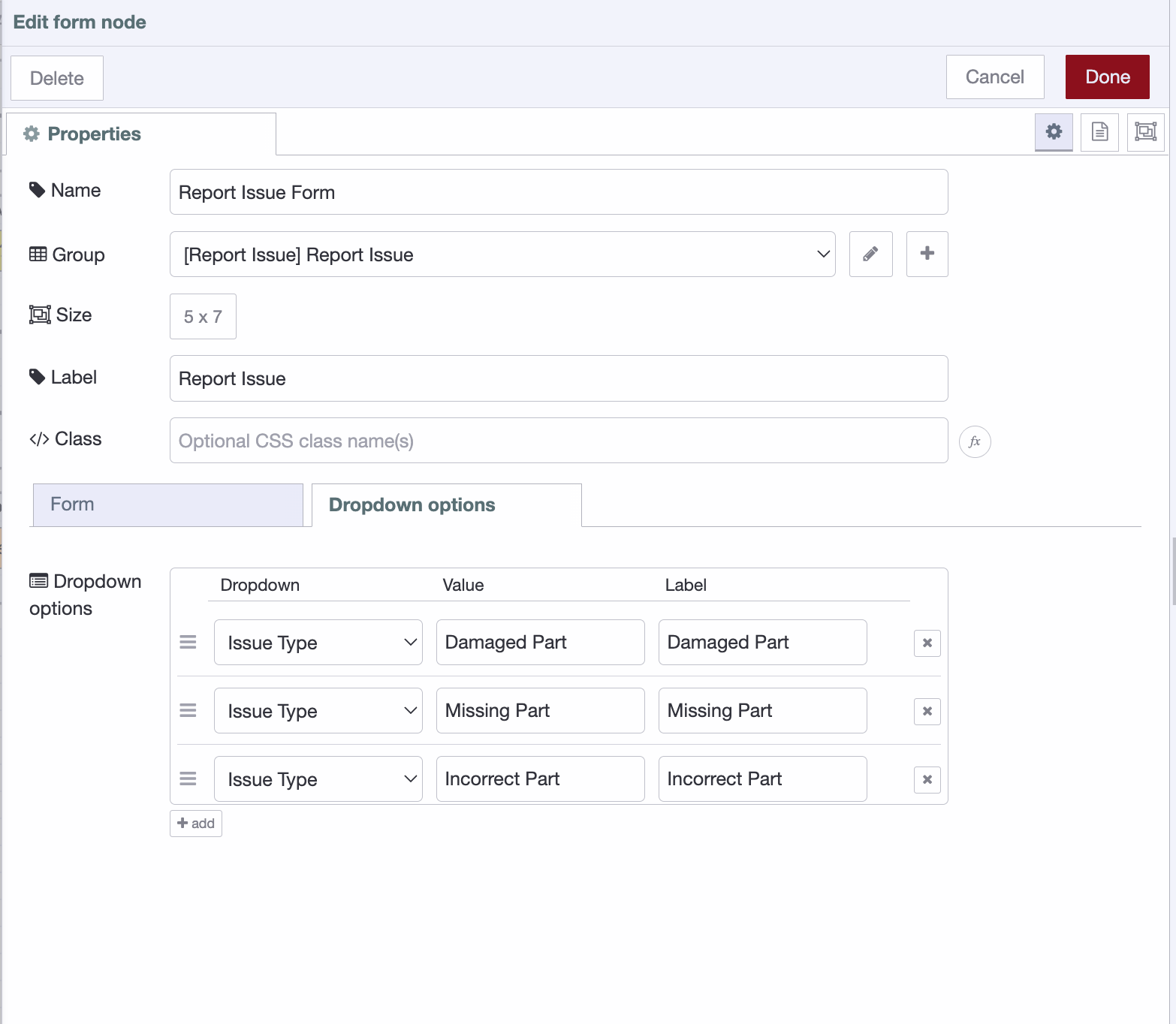 Screenshot: Configuring the dropdown options for the Issue Type and Severity fields in the ui-form node