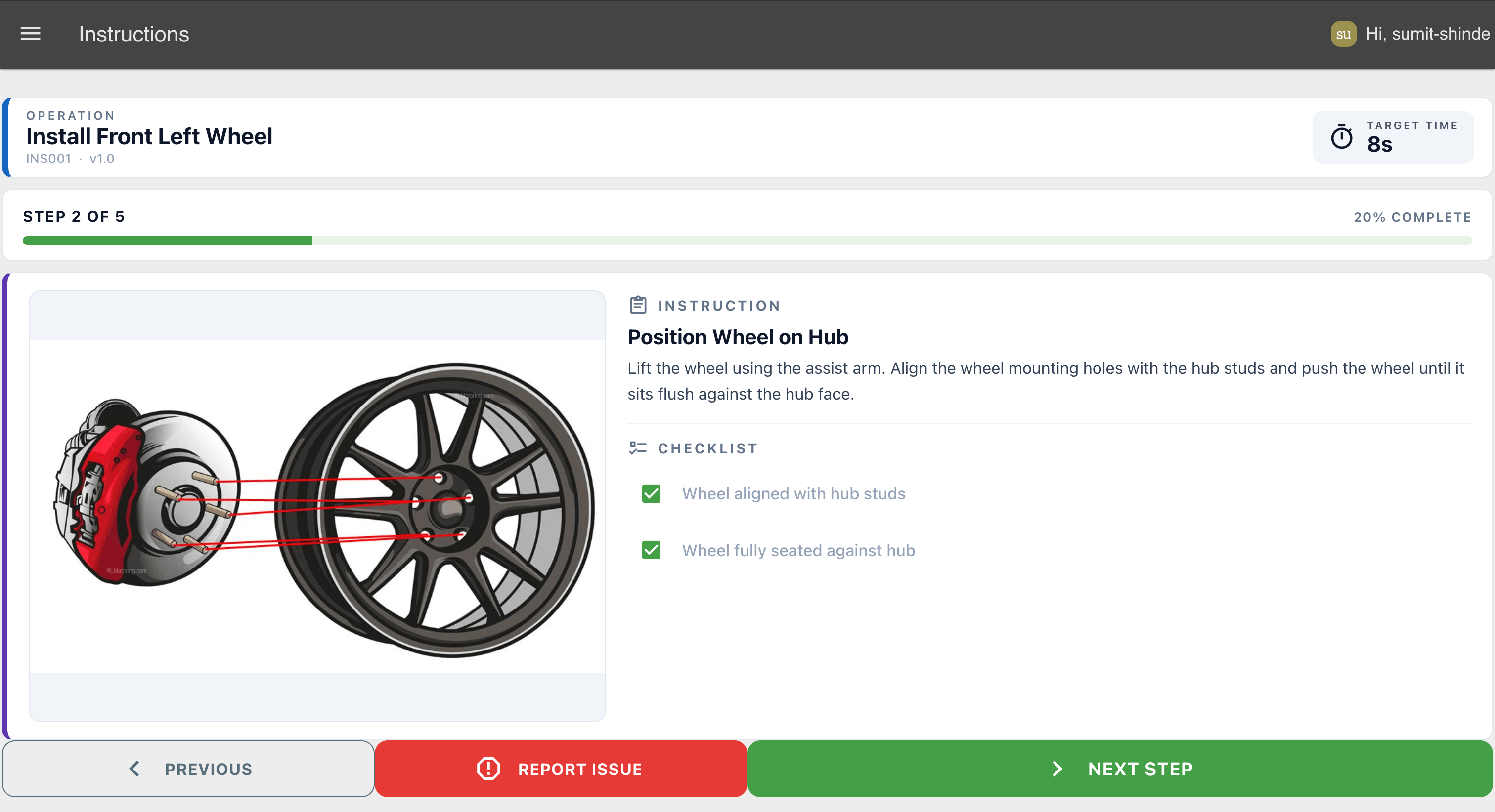 Placeholder: Work Instruction Widget showing a step with image, checklist, and navigation controls