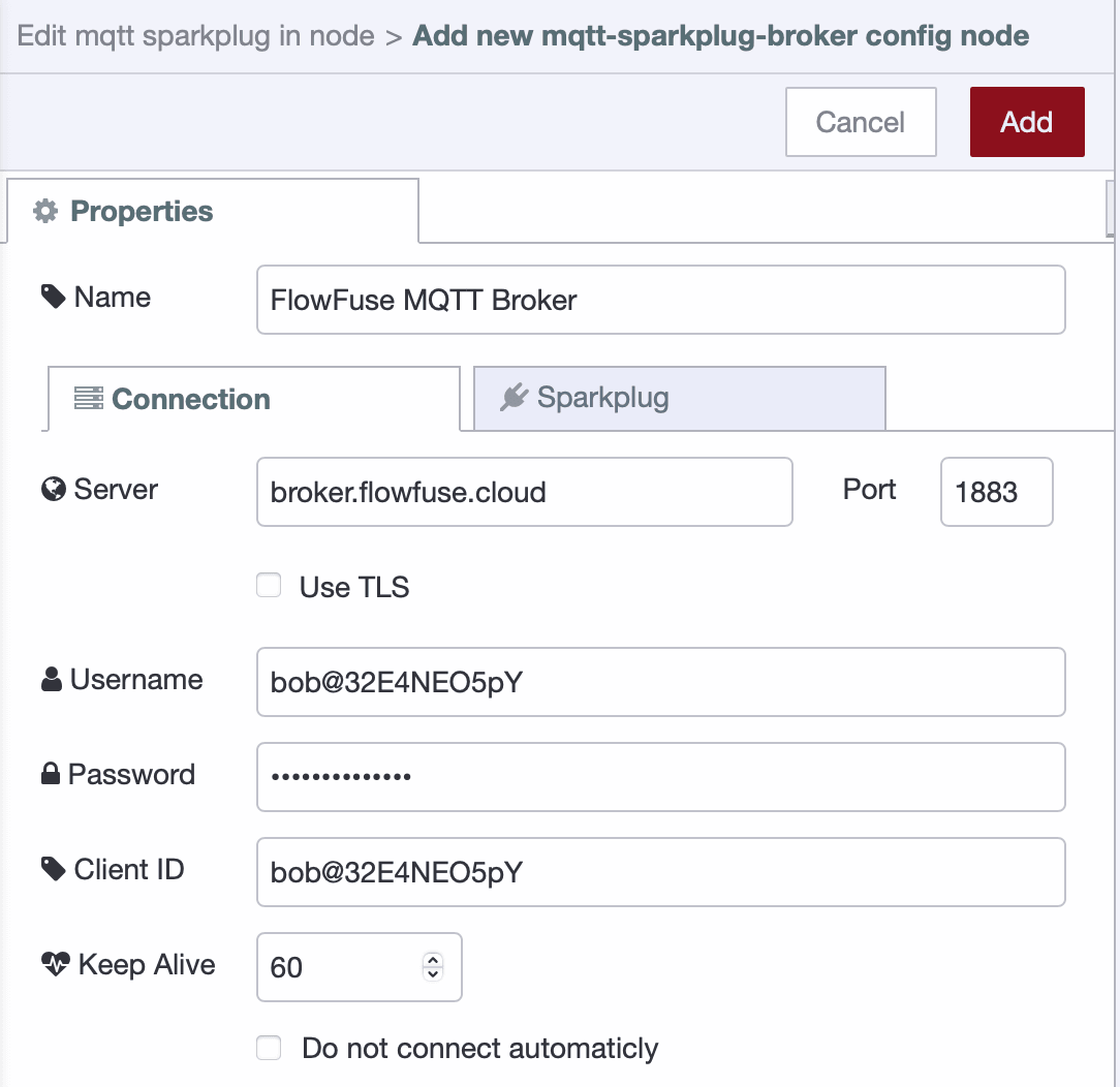 Screenshot showing the configuration of Sparkplug broker config node Screenshot showing the configuration of Sparkplug broker config node